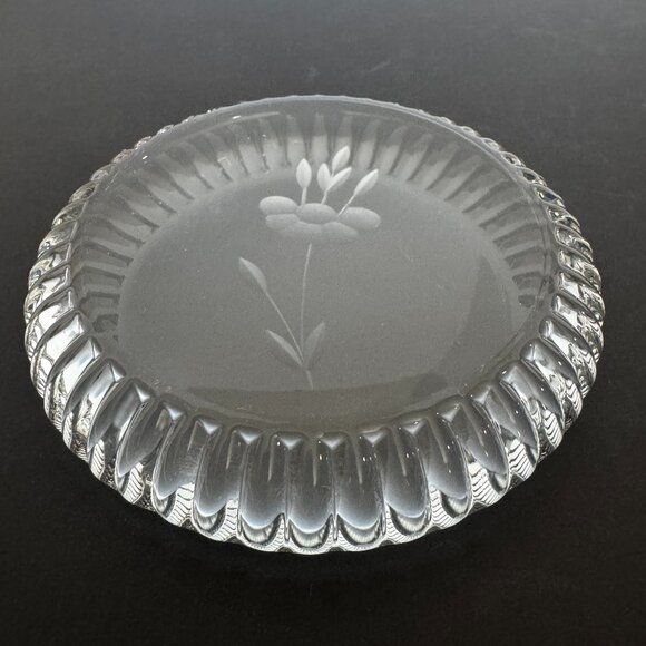 Etched Floral Clear Glass Trim Rim Paperweight Coaster Office Desk Home Decor - Picture 1 of 12